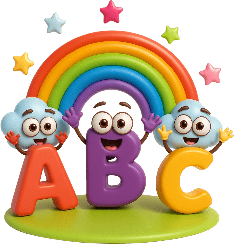 Letras A, B e C personificadas com um arco-íris ao fundo