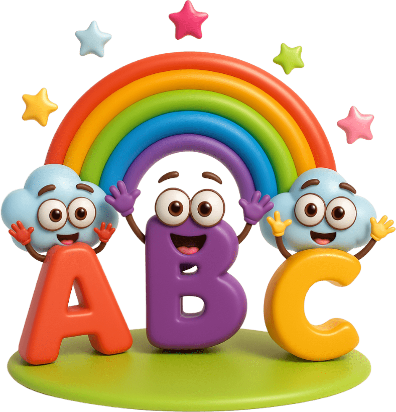 Letras A, B e C personificadas com um arco-íris ao fundo