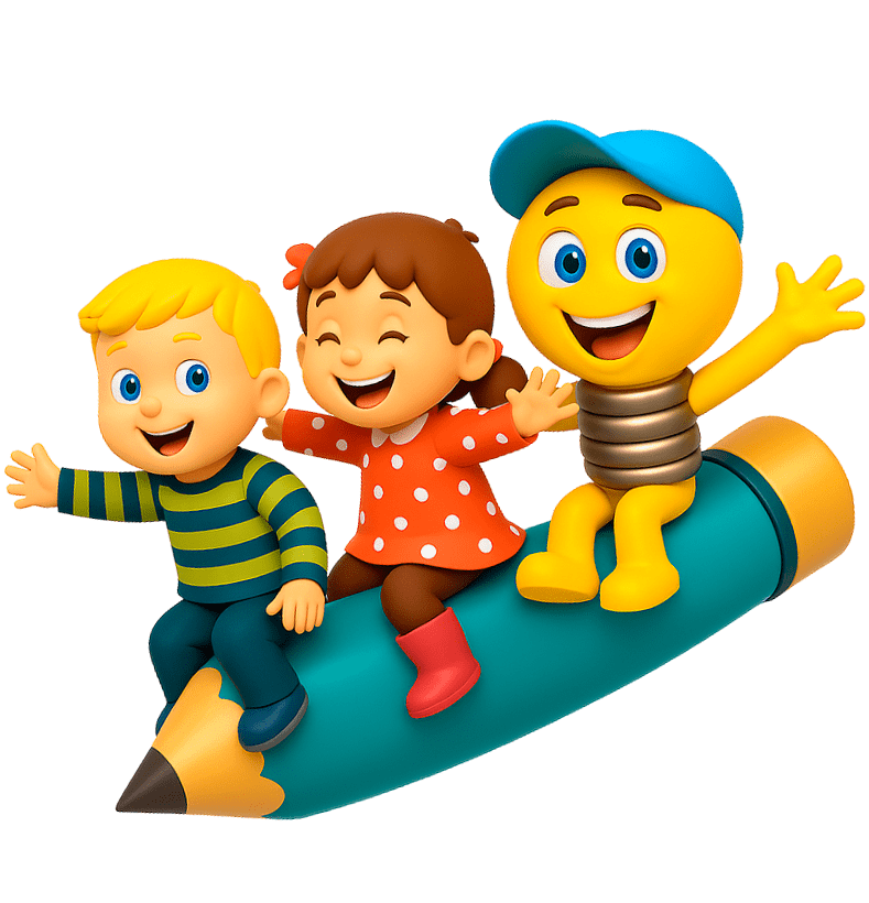 Lápis voador carregando três crianças