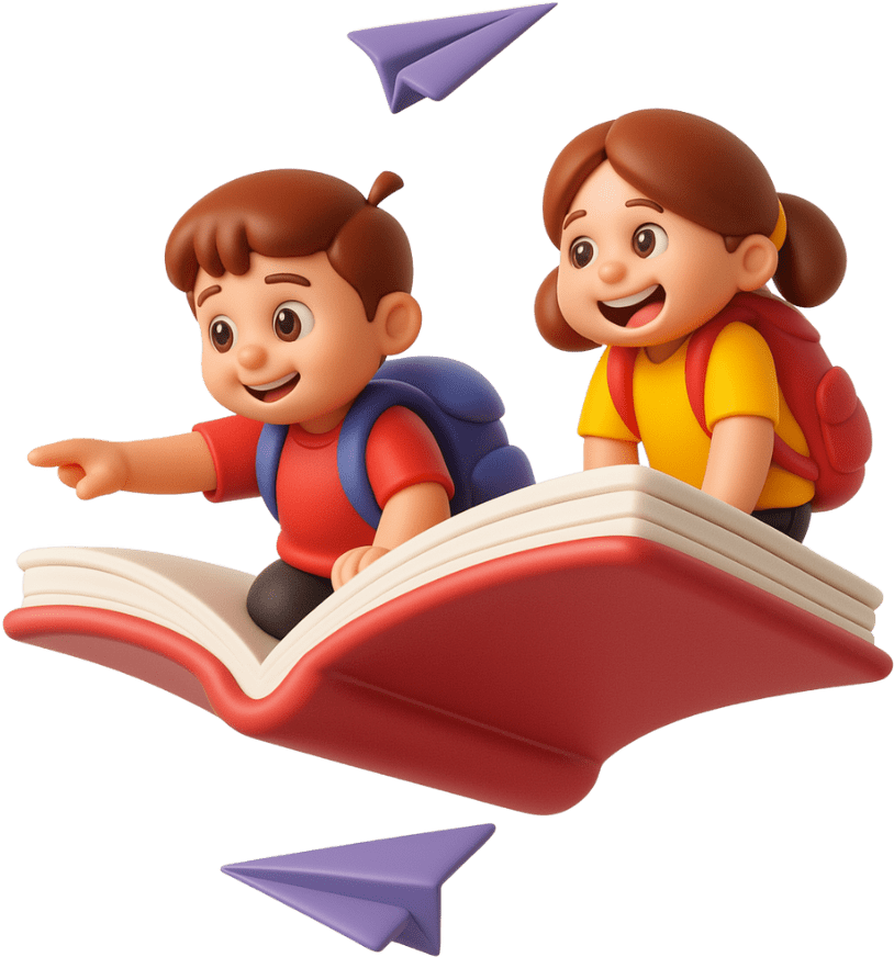 Livro voador carregando duas crianças