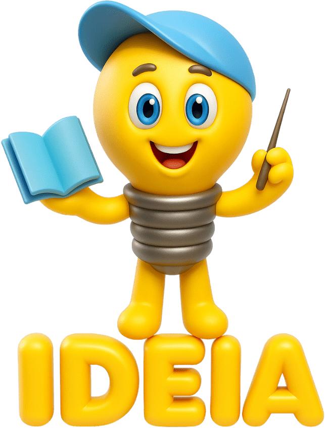Ideinha segurando um livro e um lápis, em cima do nome IDEIA