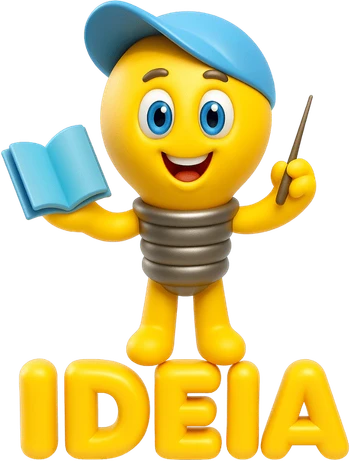 Ideinha segurando um livro e um lápis, em cima do nome IDEIA